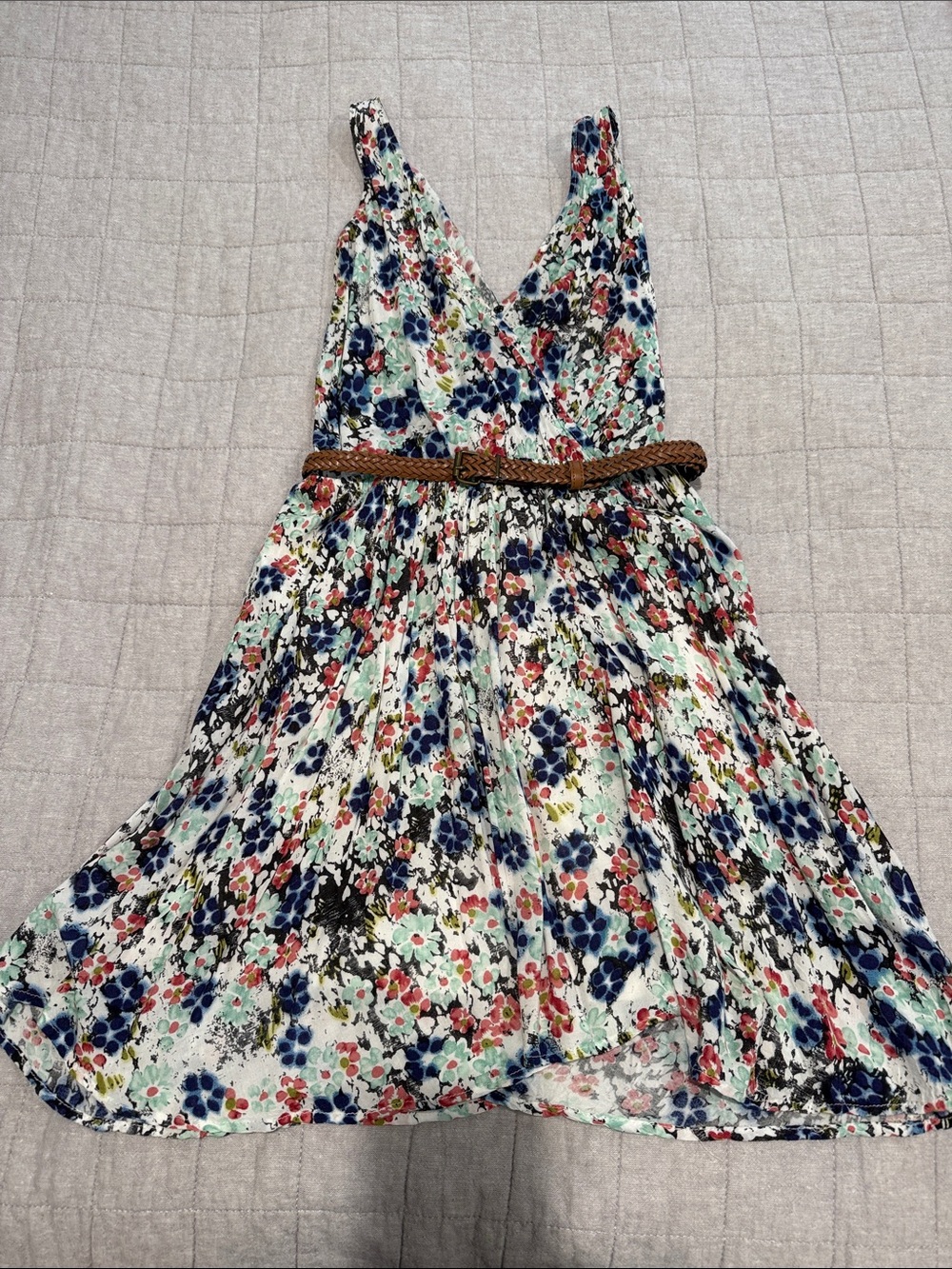 Aqua Floral V-Neck Pleated Sundress with Brown Braided Belt